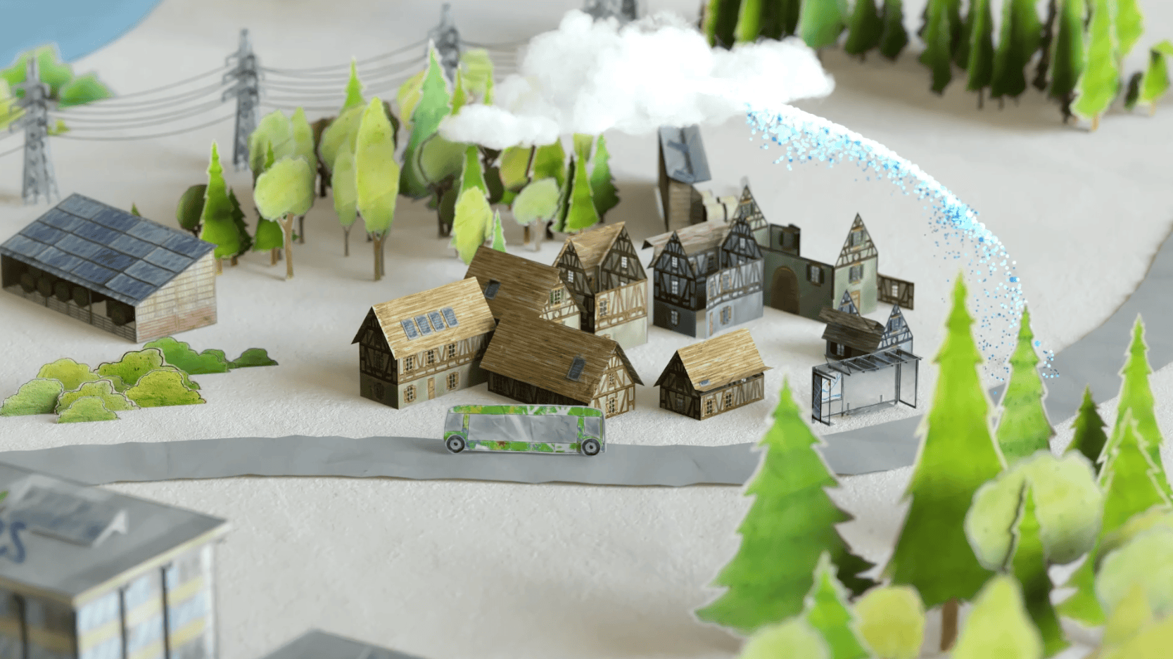 Village alsacien miniature en papier découpé, carte de vœux animée ÉS