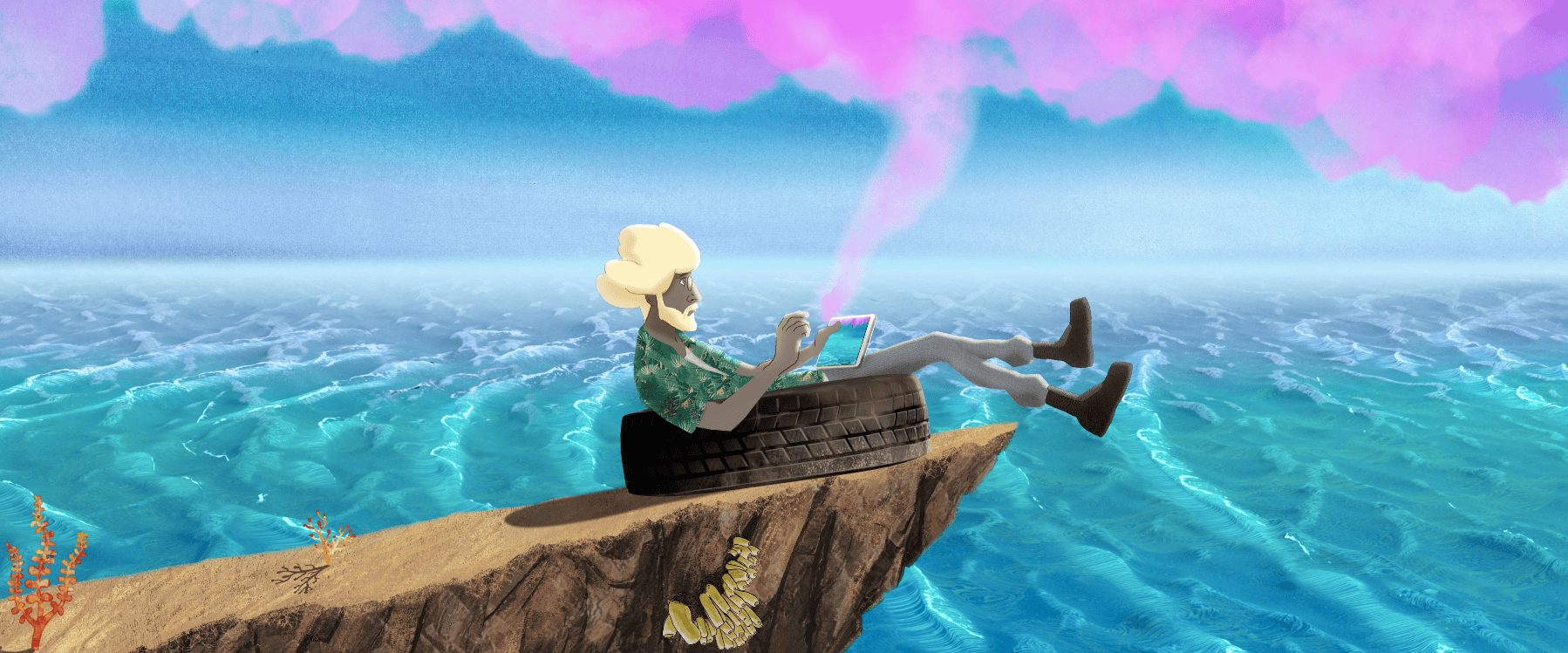 Robinson sur son radeau de fortune avec sa tablette, film d'animation L'Île d'Anca Damian