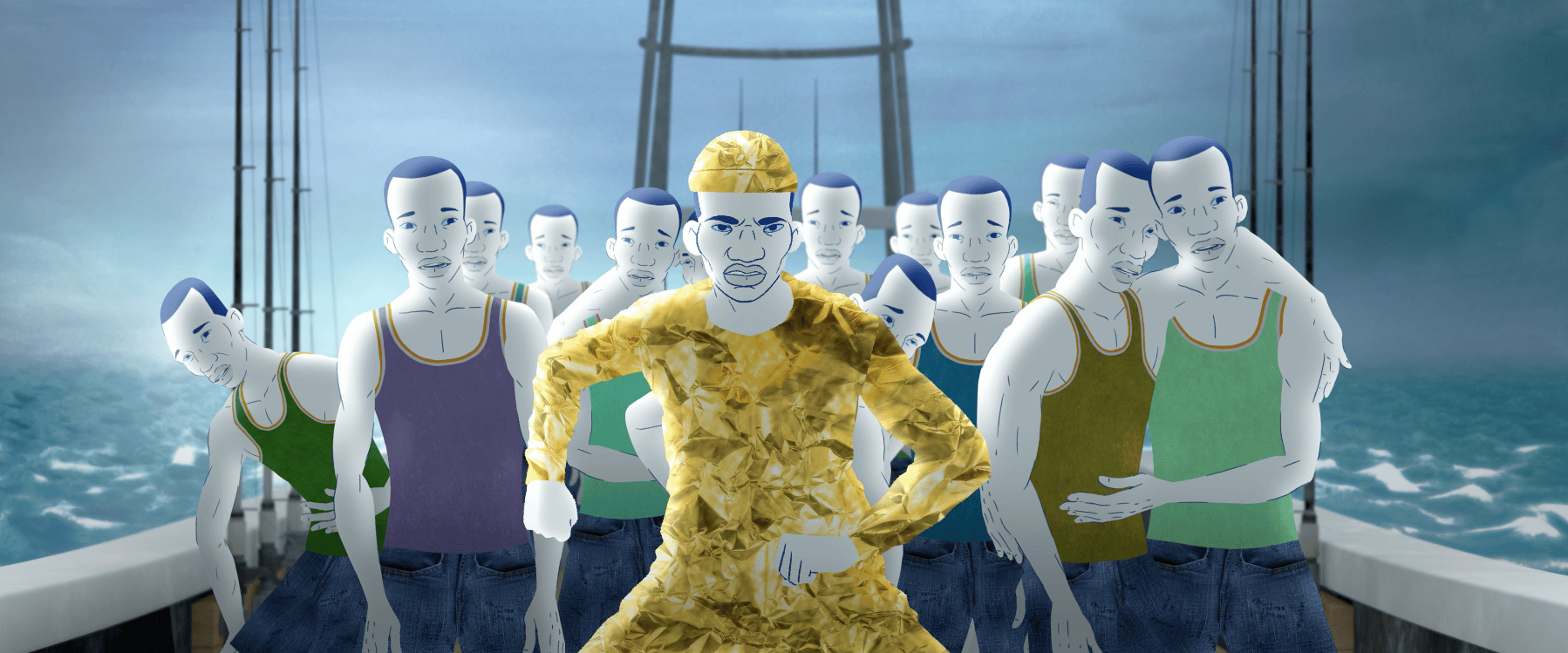 Naufragés à bord d'un bateau, scène du film d'animation L'Île
