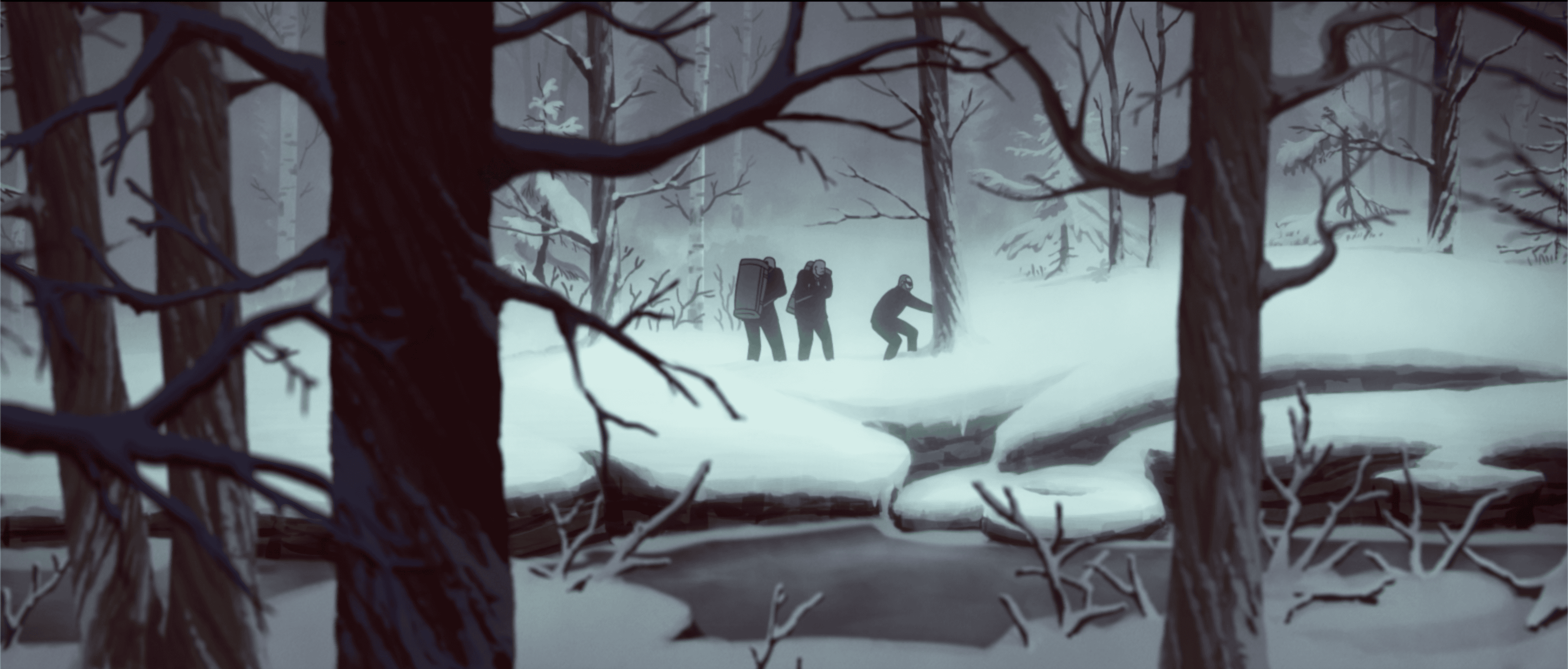 Décor de forêt enneigée en animation 2D, épisode de la série Lastman Heroes par Amopix