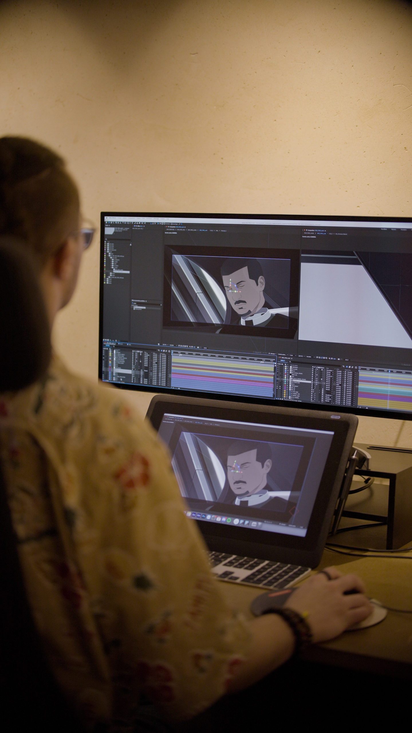 Animateur travaillant sur le compositing du film Mars Express, studio Amopix