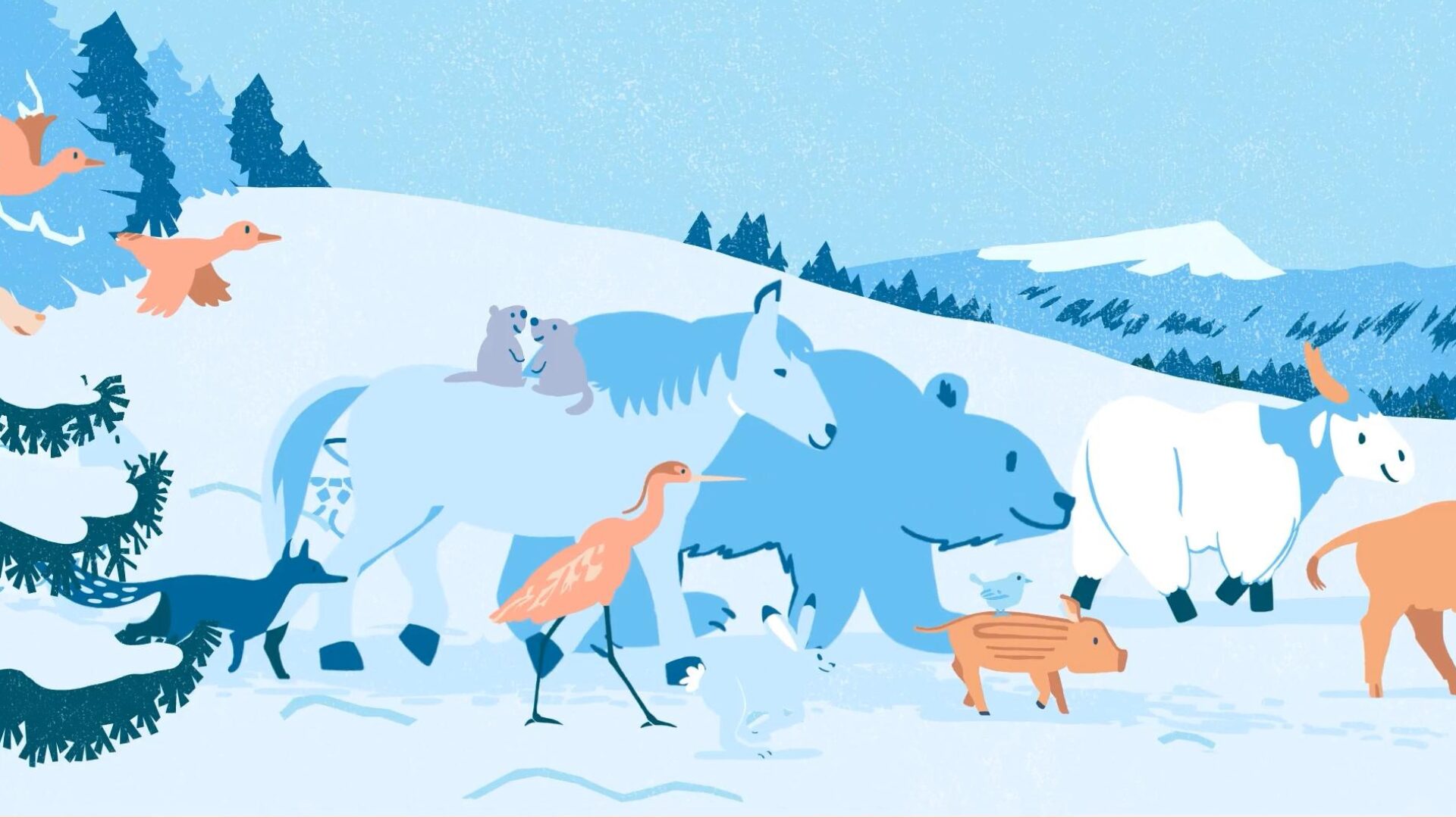 Cortège d'animaux dans un décor enneigé, film d'animation Le Grand Noël des animaux