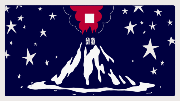 Illustration façon bande dessinée d'un volcan et deux personnages, court-métrage La Case Vide de Thibault Chollet