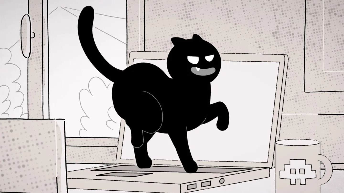 Extrait d'animation de la série Putain de chat, Moustique le chat noir juché sur un ordinateur portable