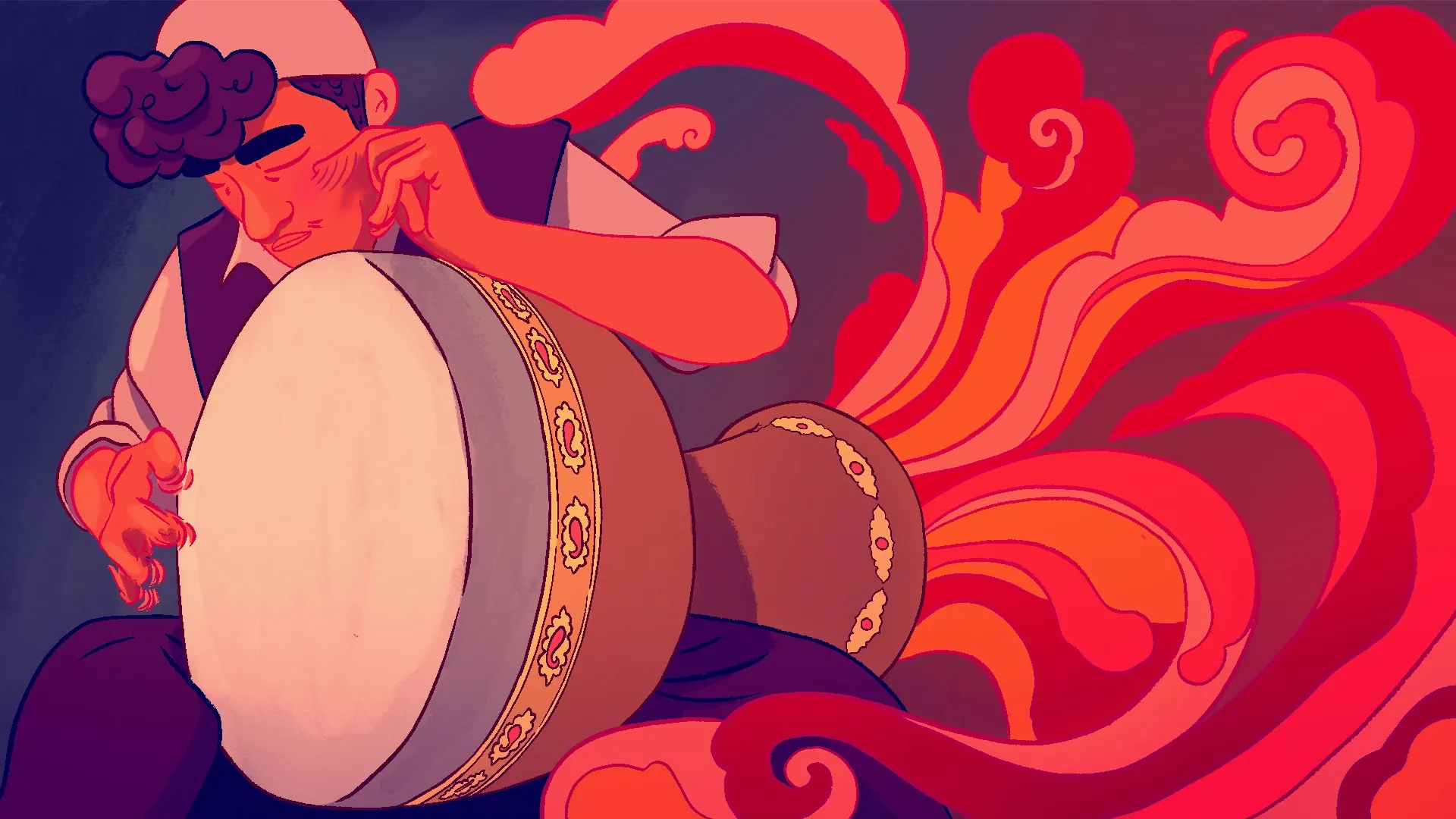 Barbad, percussionniste aux cheveux bouclés, jouant du tombak, entouré de volutes stylisées rouge et orange