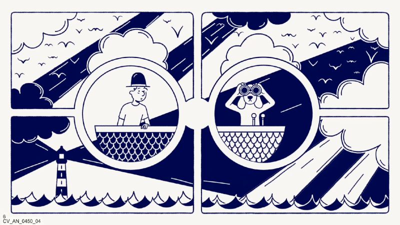Pêcheur et chien observant à la jumelle, illustration du court-métrage La Case Vide