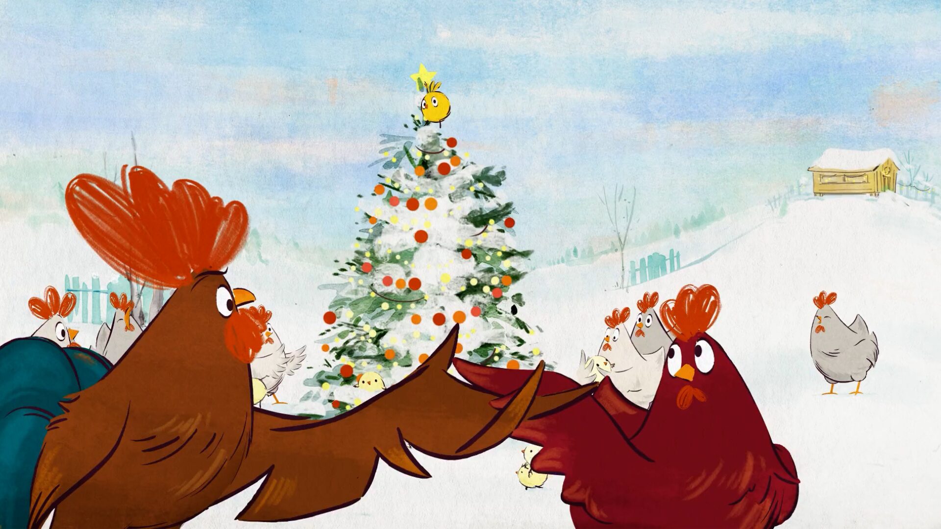 Scène de basse-cour devant un sapin de Noël, film Le Grand Noël des animaux