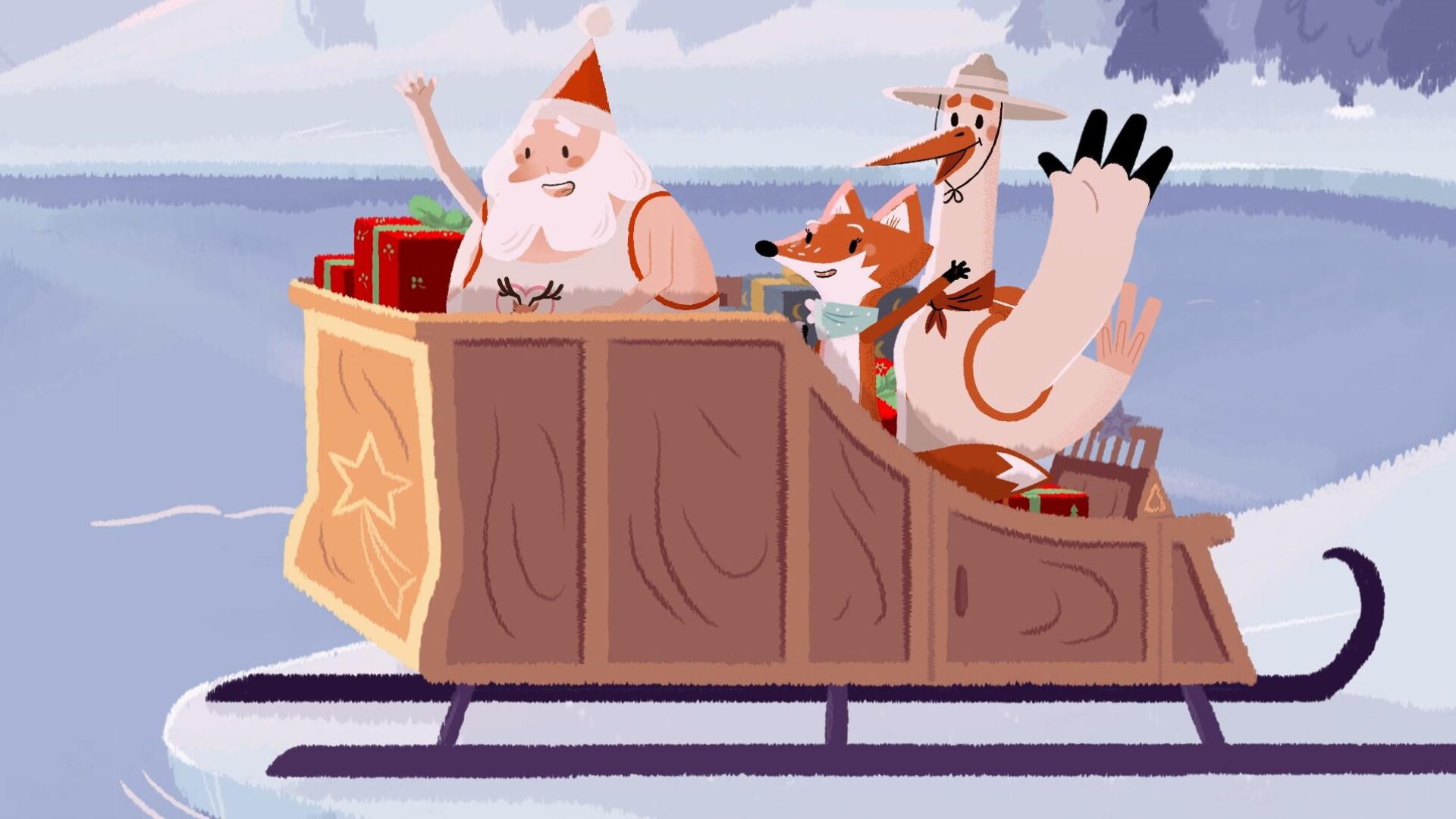 Père Noël et ses animaux compagnons en traîneau, film d'animation Le Grand Noël des animaux