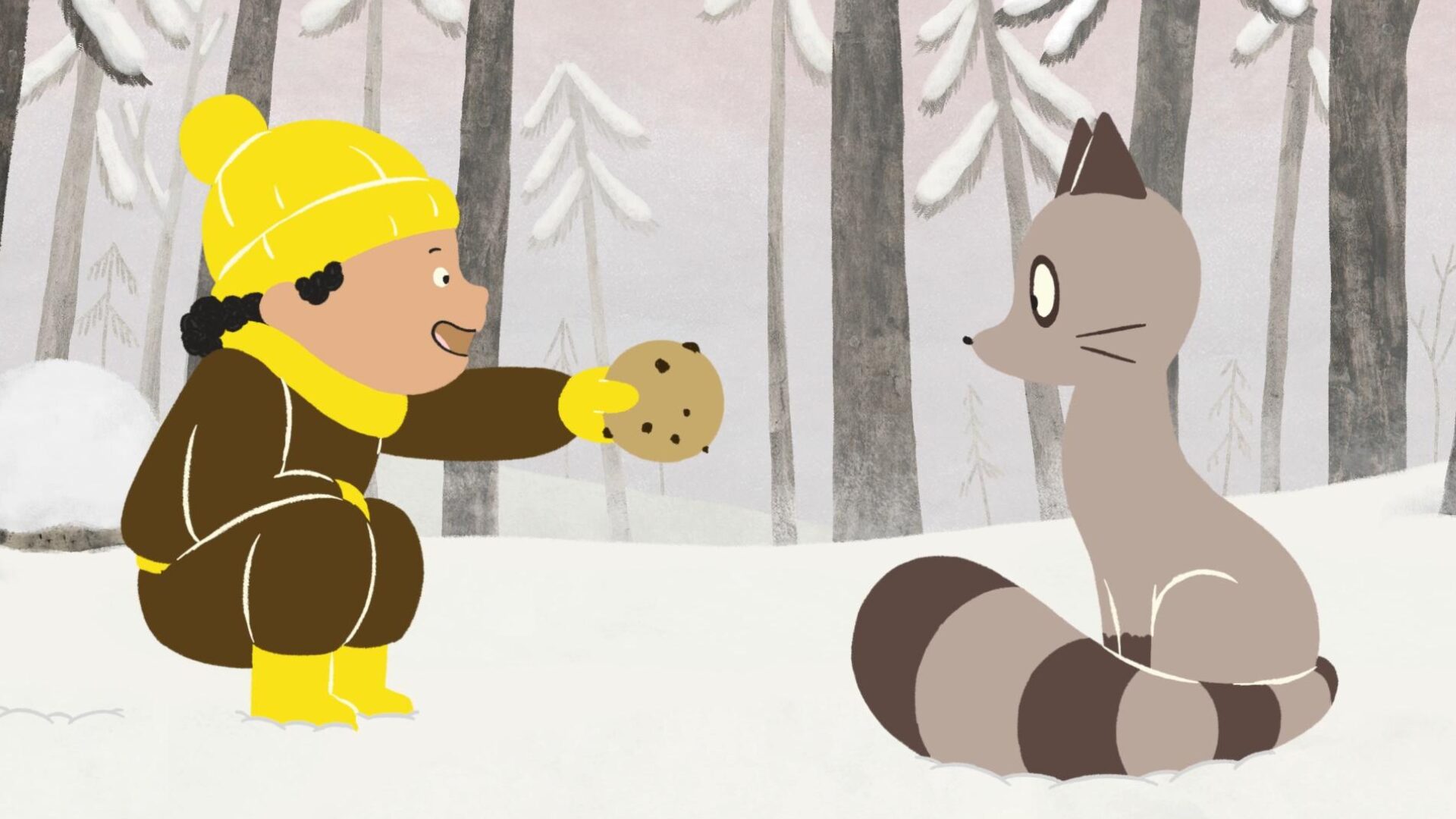 Scène hivernale d'un enfant partageant un biscuit, film Le Grand Noël des animaux