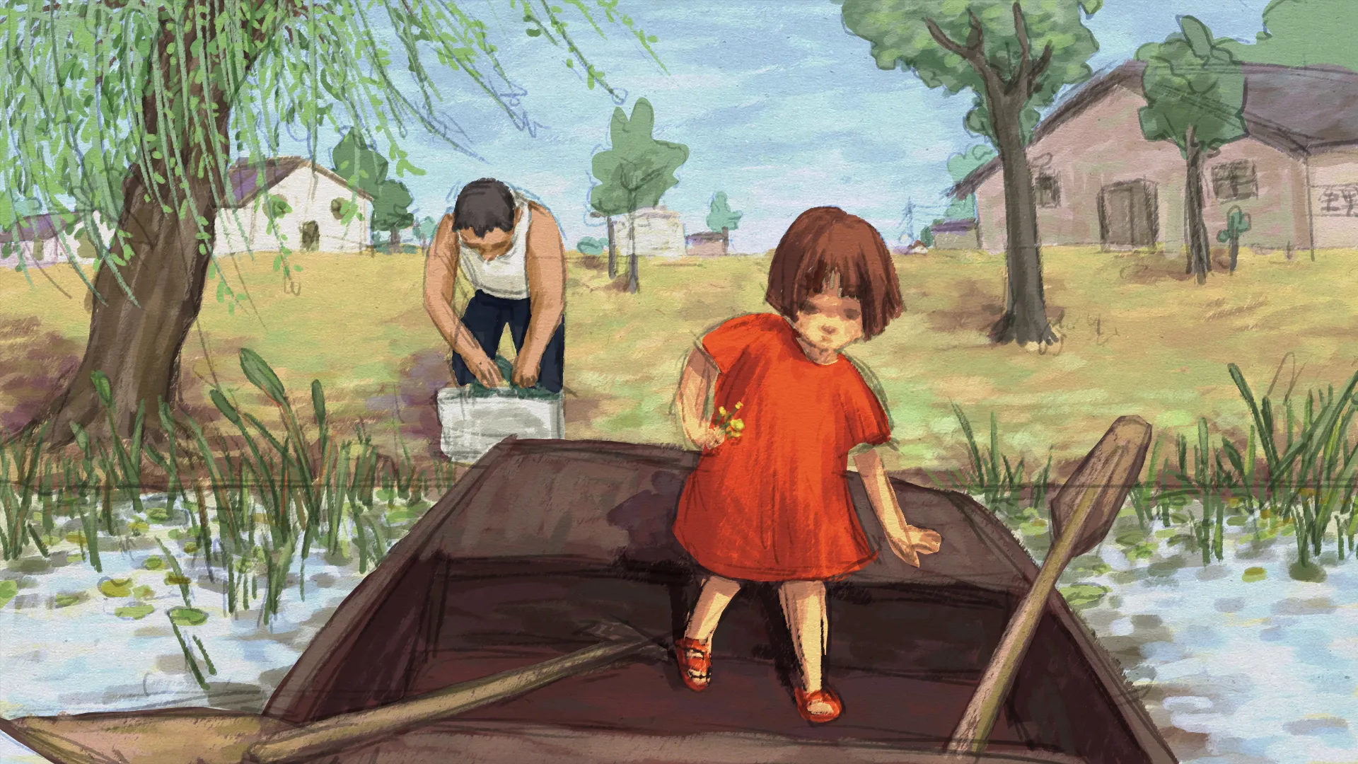 Lu sur la barque au bord de la rivière, court-métrage d'animation Dans la rivière