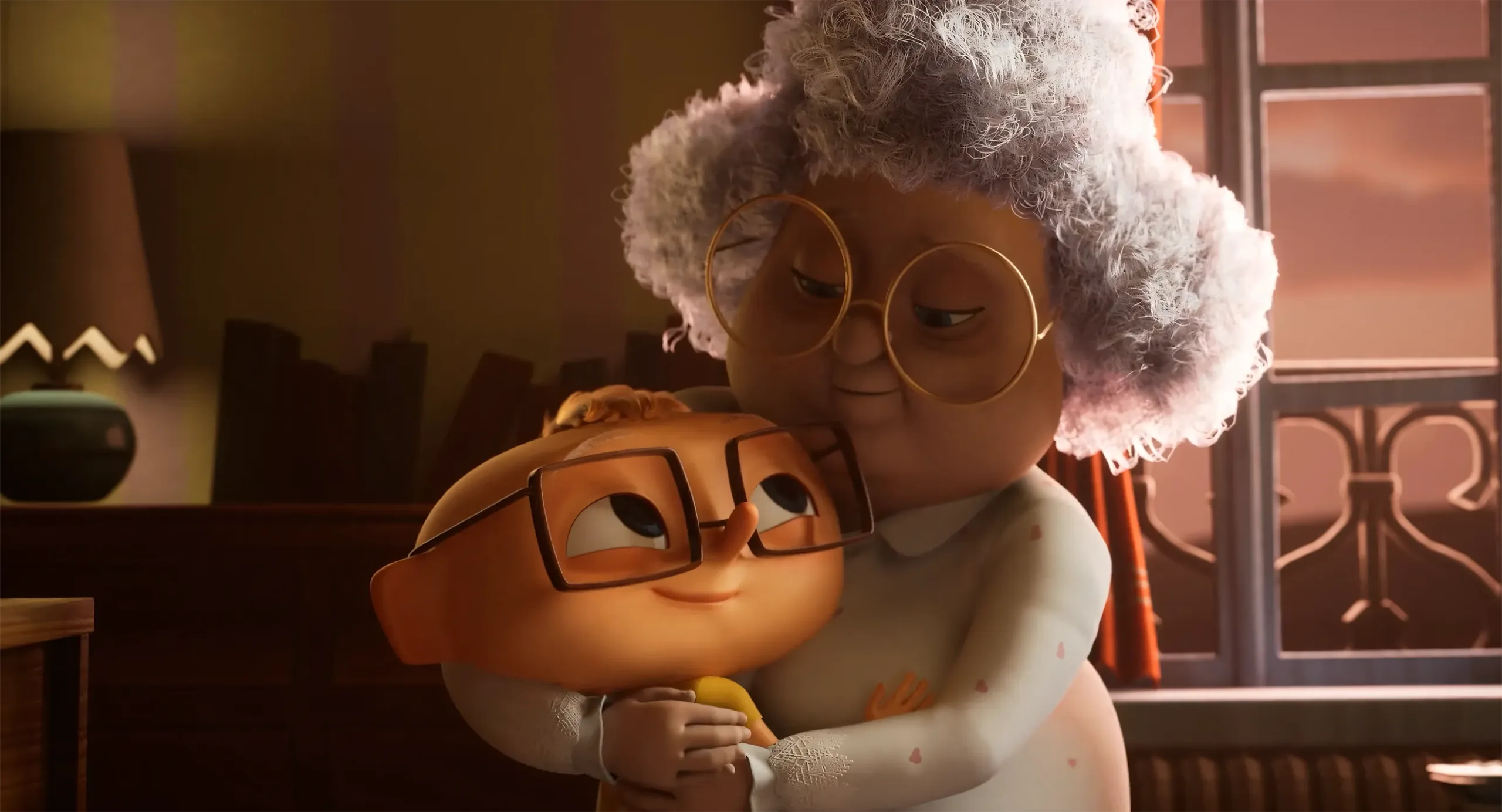 Angelo enlaçant sa grand-mère, scène du film d'animation Angelo dans la forêt mystérieuse