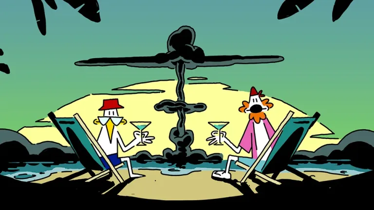 Illustration de la série d'animation Apocalypse Mojito : Yolo et Wazo trinquant au mojito sur une plage face à un champignon atomique, univers post-apocalyptique de Julien Sèze