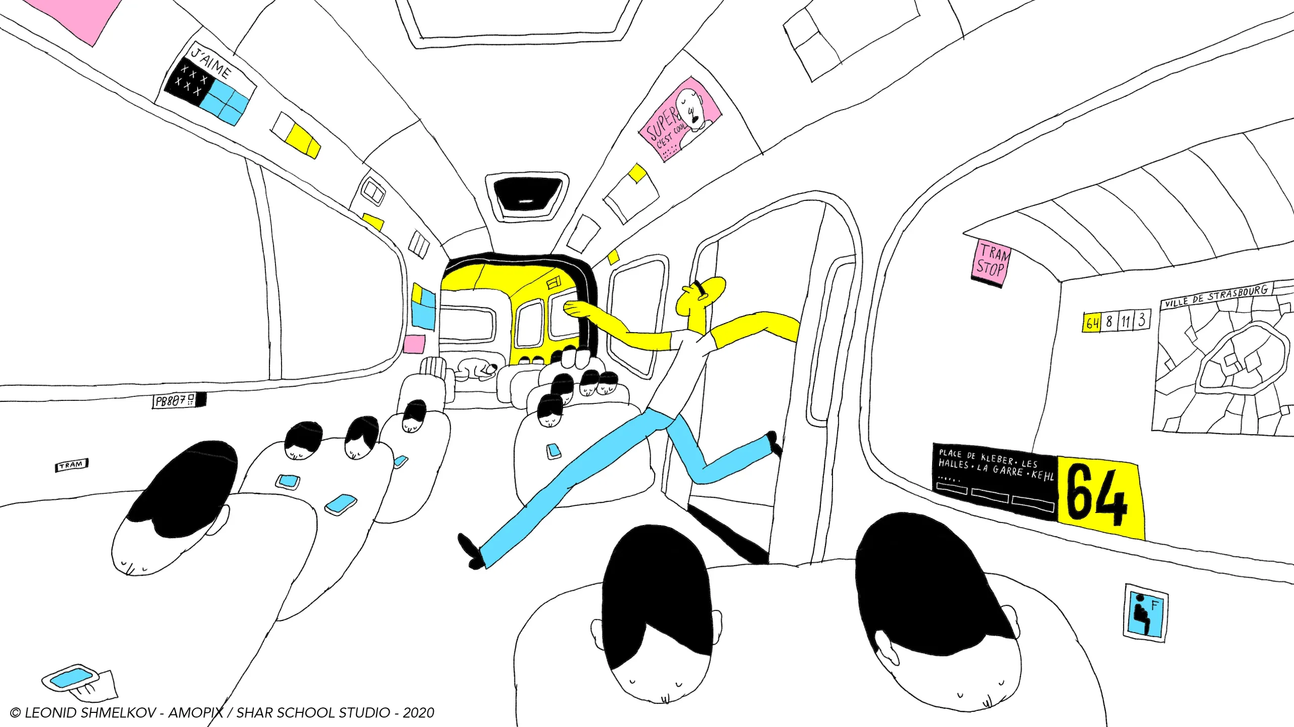 Scène de poursuite en tramway, court-métrage d'animation Les concombres