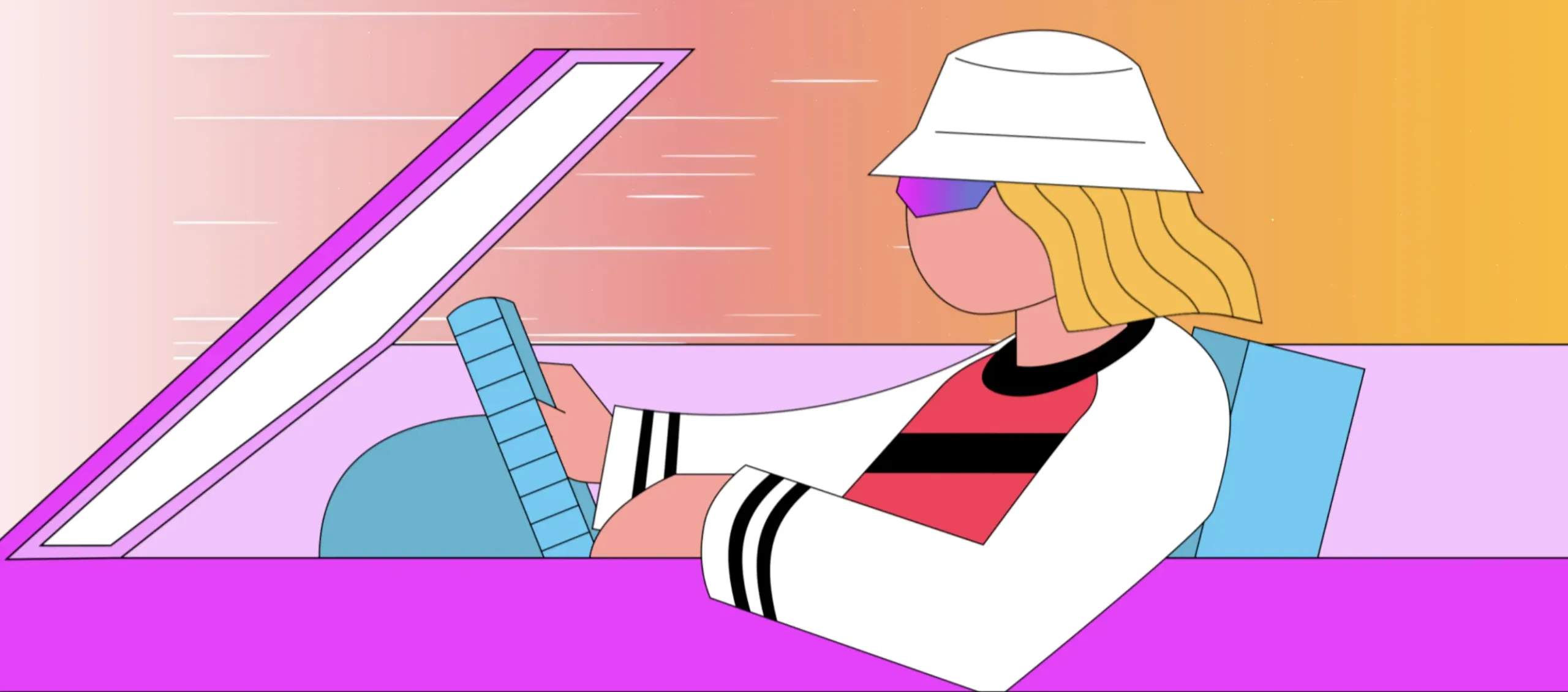 Illustration 2D d'un personnage en voiture, série pédagogique C'est quoi ? par Amopix