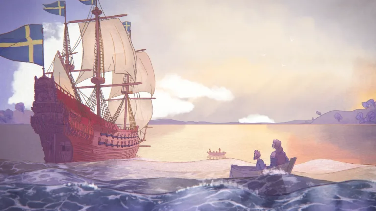 Le galion suédois Vasa toutes voiles dehors quittant le port de Stockholm en 1628, deux marins observant la scène depuis une barque, animation 2D caméra mapping