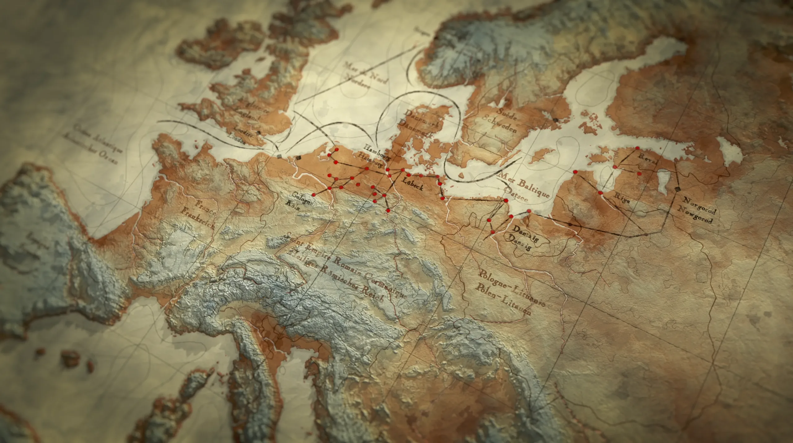 Carte ancienne d'Europe du Nord annotée de points et trajectoires, illustrant les routes commerciales et militaires du 17e siècle pour le projet VASA