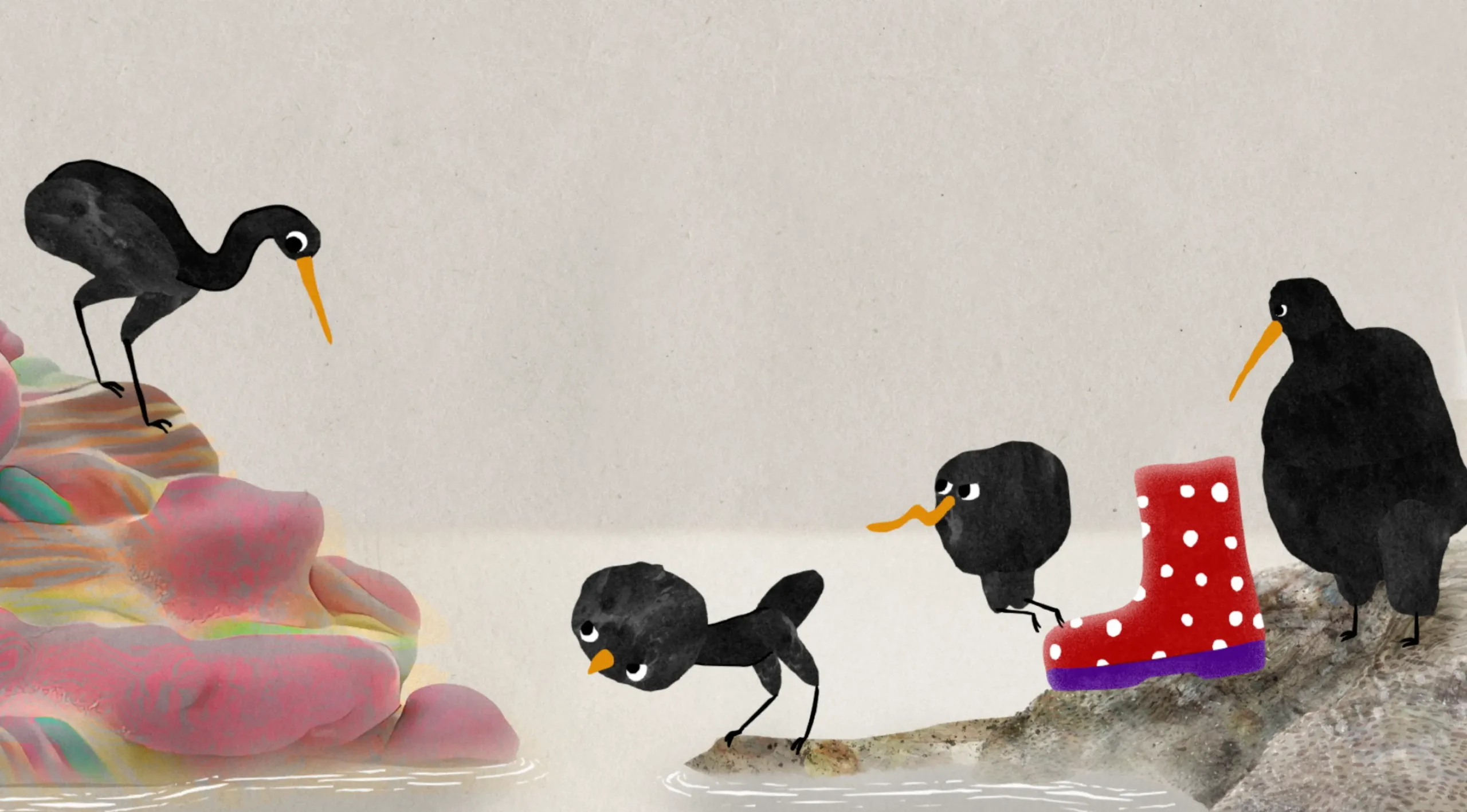 Oiseaux découvrant un objet humain, scène du court-métrage Birds of Paradise