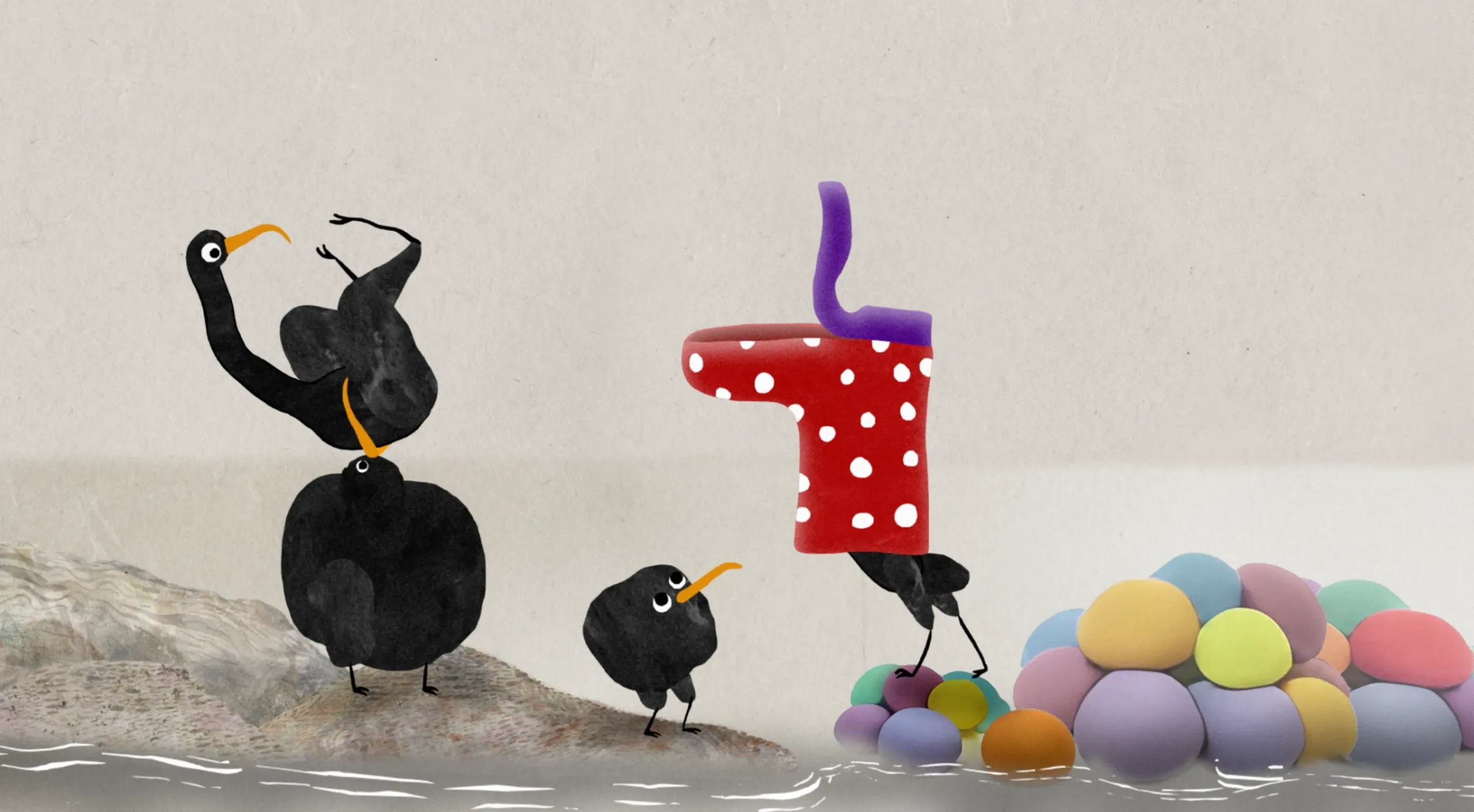 Famille d'oiseaux face à un objet humain et des œufs colorés, court-métrage Birds of Paradise de Tomek Ducki