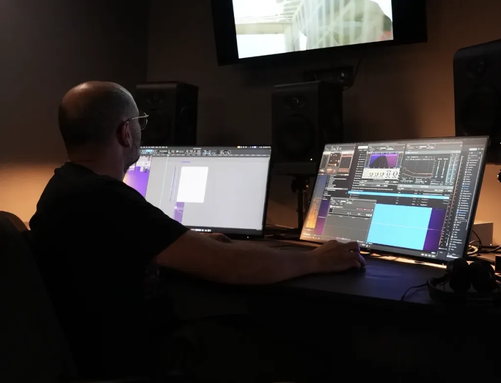 Ingénieur du son, Kinane Moualla, réalisant le mixage et la création sonore d'un film dans le studio audio d'Amopix ÇA TOURNE AU SON.