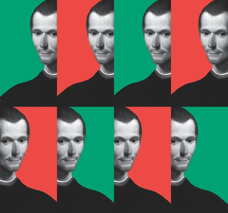Portrait de Nicolas Machiavel décliné en mosaïque de huit vignettes, alternant fonds rouge et vert, traitement graphique inspiré du pop art