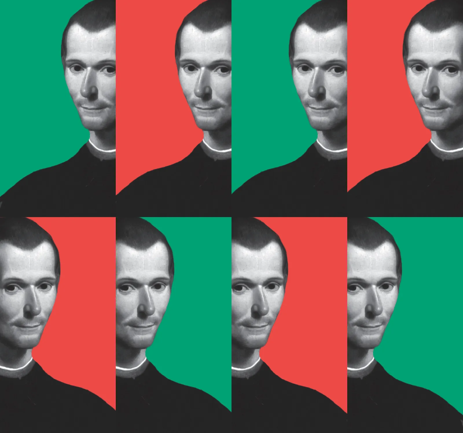 Portrait de Nicolas Machiavel décliné en mosaïque de huit vignettes, alternant fonds rouge et vert, traitement graphique inspiré du pop art