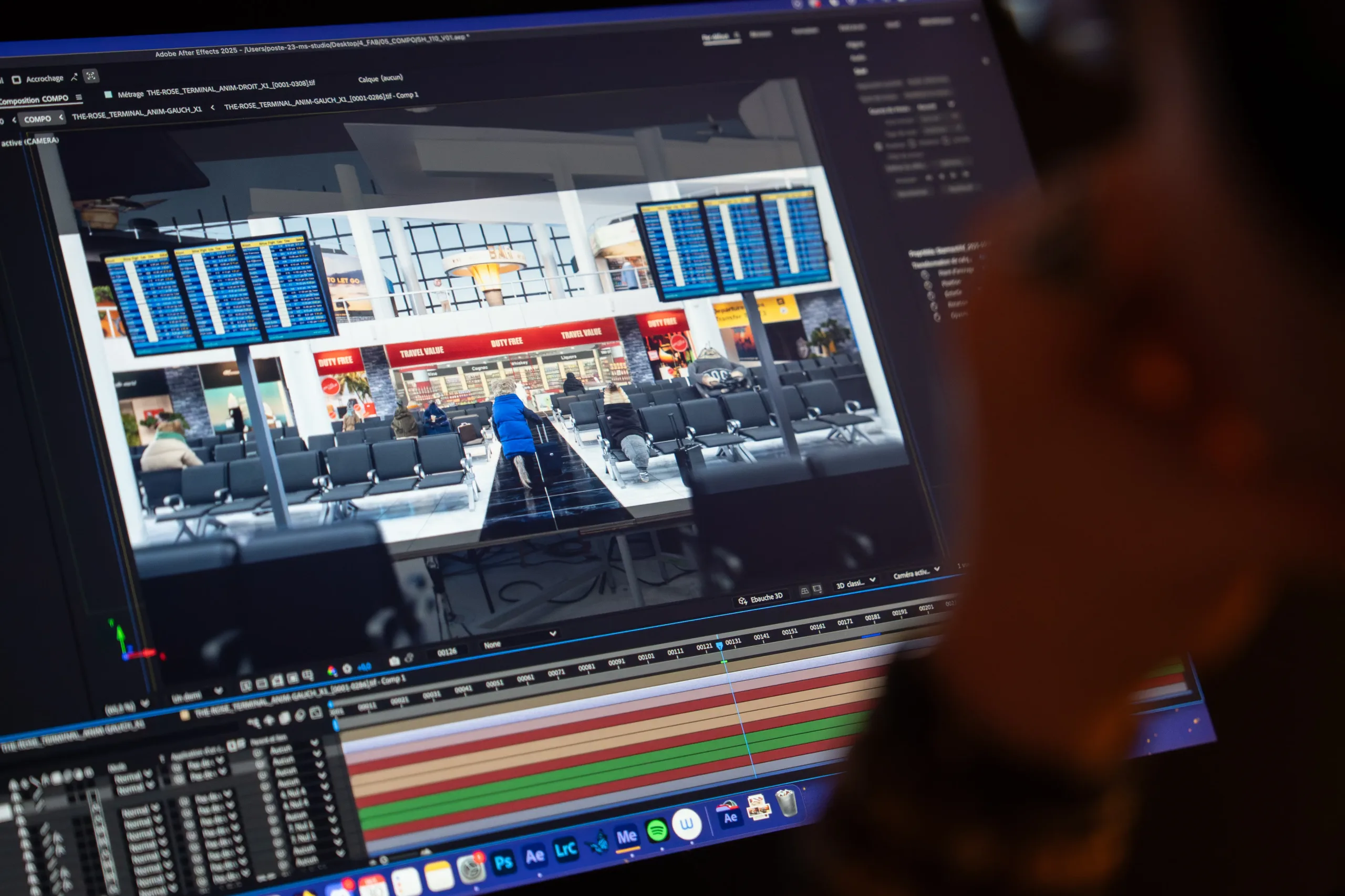 Écran de compositing Adobe After Effects du hall d'aéroport du court métrage THE END, travail de post-production Amopix
