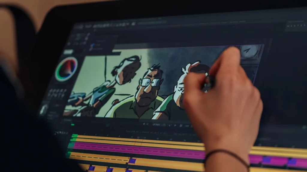 Dessin au stylet sur tablette graphique interactive pour la création d'un film d'animation 2D chez Amopix.