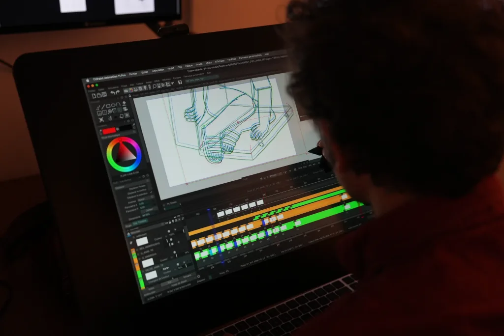 Travail d'animation sur logiciel avec palette colorimétrique