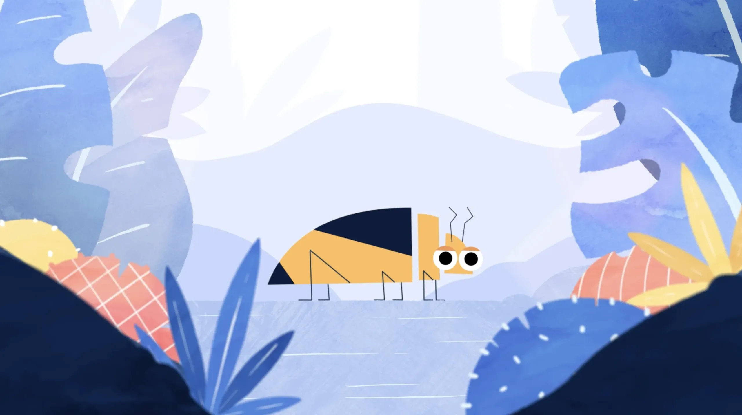 Personnage insecte en animation 2D dans son habitat naturel, série Les super-pouvoirs du vivant