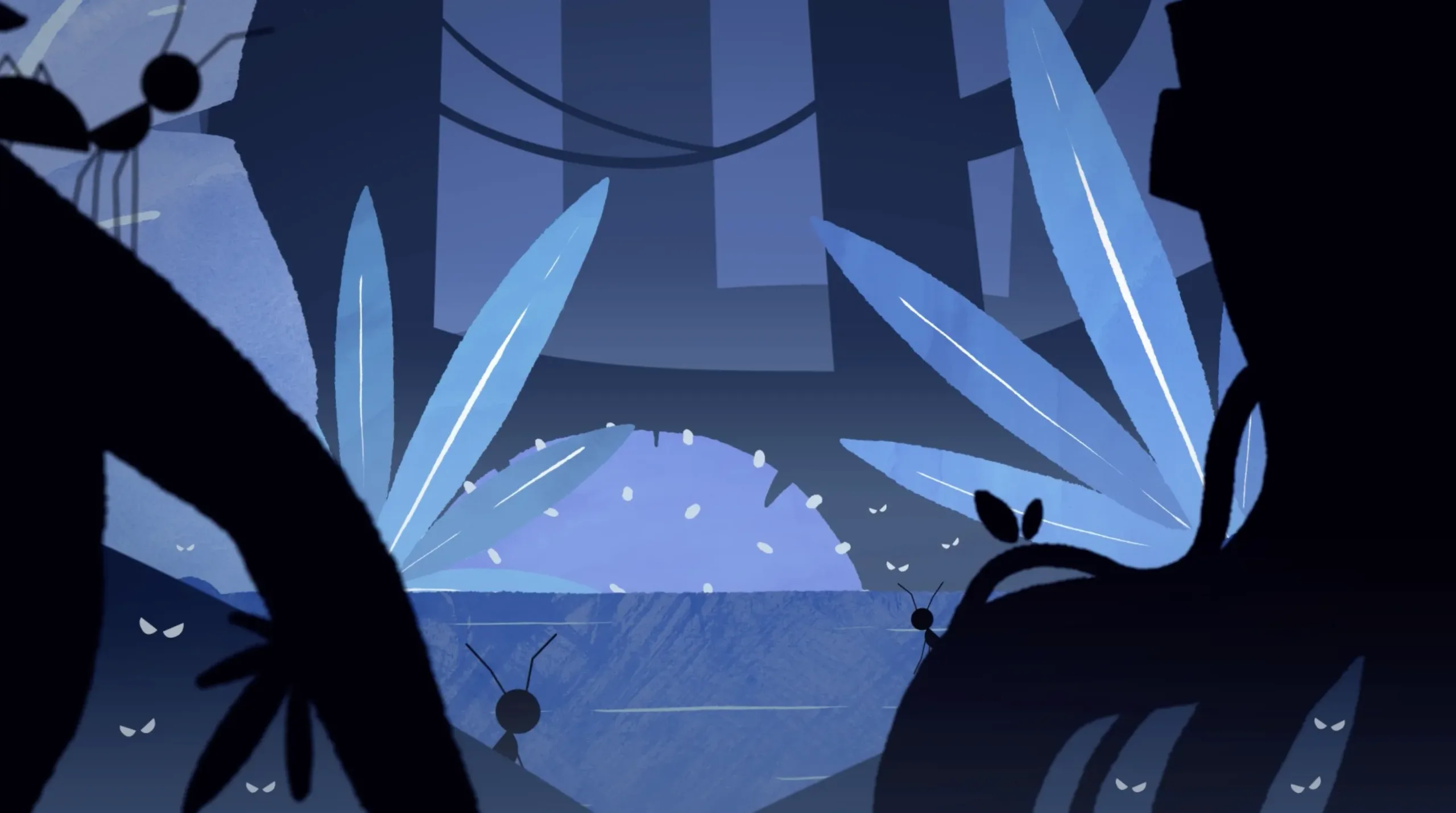 Scène nocturne dans la jungle avec des animaux aux yeux brillants, animation 2D de la série Les super-pouvoirs du vivant par Amopix