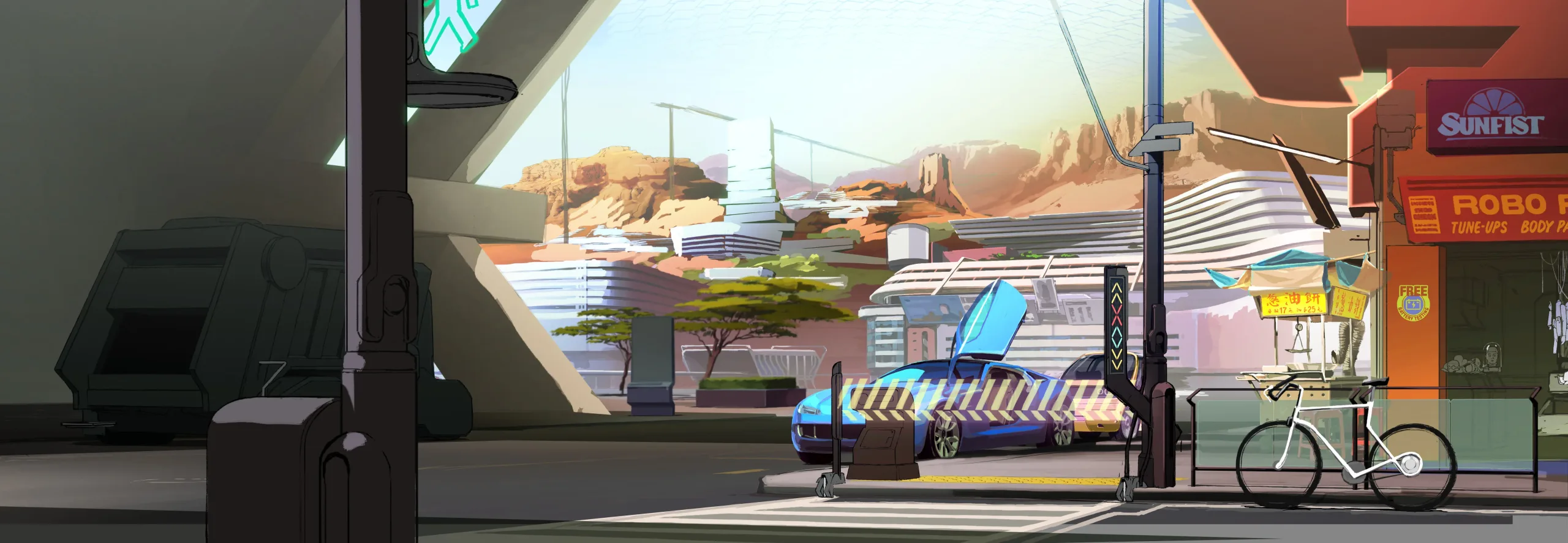 Décor futuriste d'une rue de Noctis, capitale martienne du film Mars Express