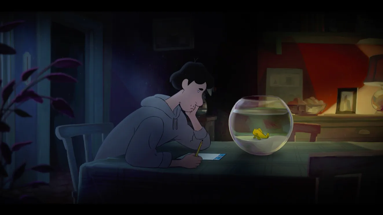 Martin face à son bocal à poisson, court-métrage d'animation Mesdemoiselles les palourdes