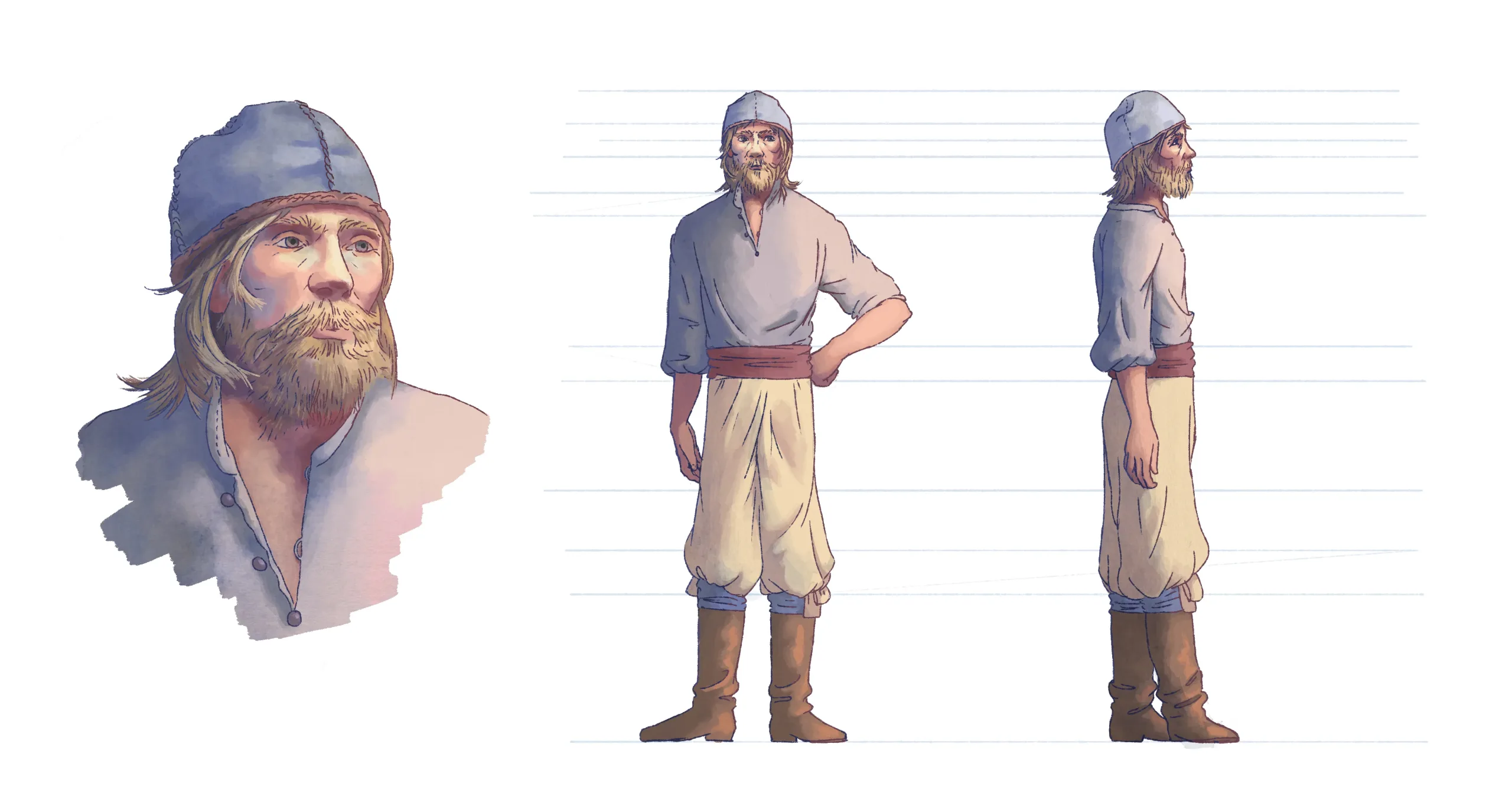 Planche de character design d'un marin suédois du 17e siècle, portrait et vues de face et de profil, bonnet et tenue d'époque à l'aquarelle pour VASA LE GALION FANTÔME