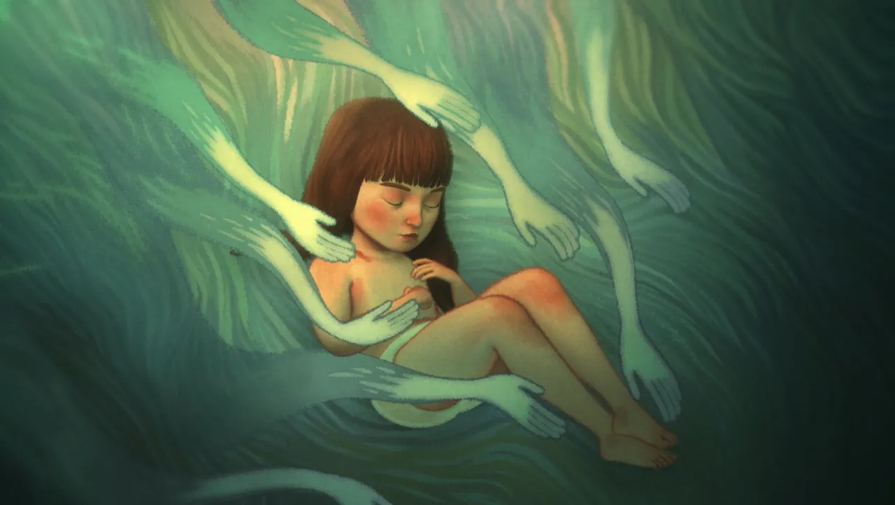 Louise flottant dans une eau trouble, scène onirique du court-métrage Pachyderme