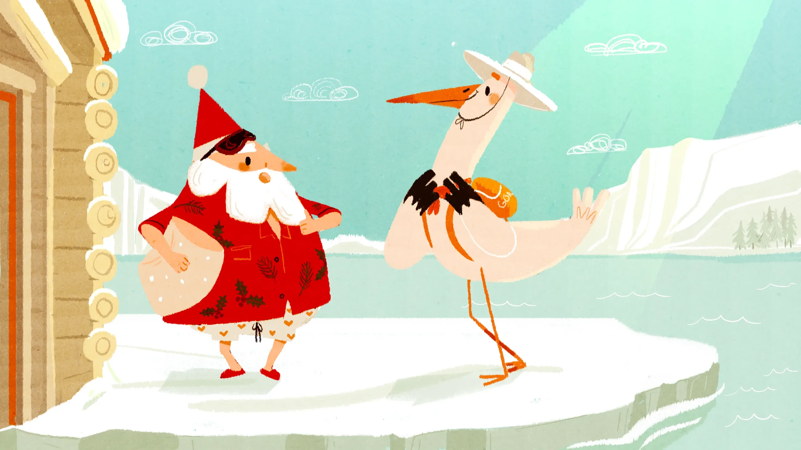 Père Noël en tenue estivale et cigogne sur la banquise, segment de Caroline Attia dans Le Grand Noël des animaux