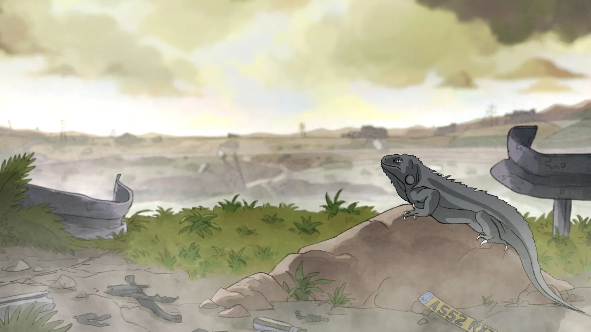 Paysage désolé et iguane, scène du court-métrage d'animation Scale