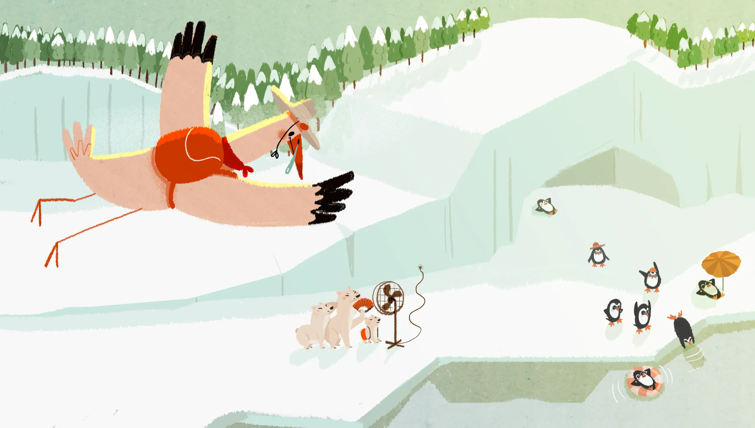 Cigogne survolant la banquise avec ours polaires et pingouins, film Le Grand Noël des animaux