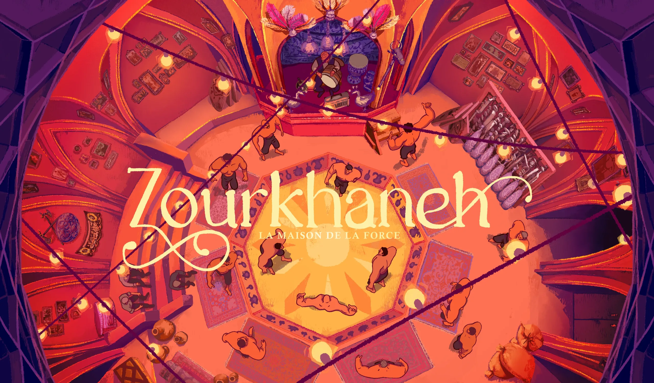 Vue aérienne d'un zourkhaneh, gymnase traditionnel iranien de forme octogonale, avec athlètes s'entraînant au sol et musicien percussionniste en hauteur, animation 2D aux tons orangés