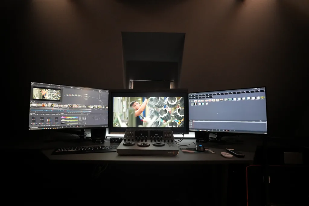 Banc de montage vidéo professionnel avec triple écran