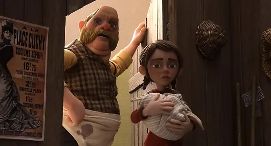 Scène de marionnettes en stop-motion représentant un intérieur populaire parisien, film d'animation Séraphine