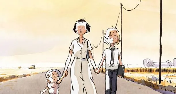 Famille marchant sur une route de campagne en Beauce, scène du film d'animation Le Corset