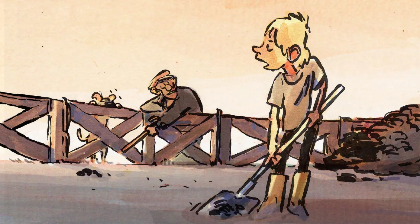 Christophe et son père dans la ferme familiale, film d'animation Le Corset de Louis Clichy