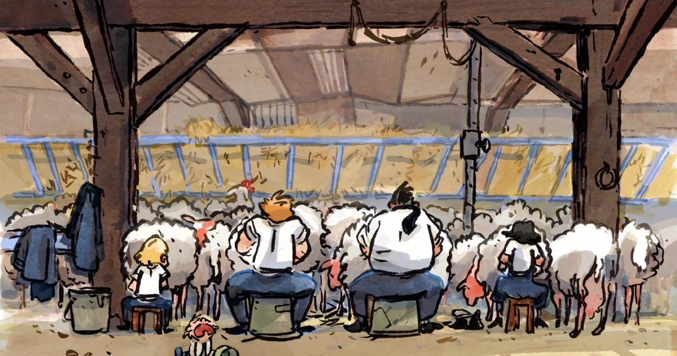 Scène de vie à la ferme dans une bergerie, film d'animation Le Corset de Louis Clichy