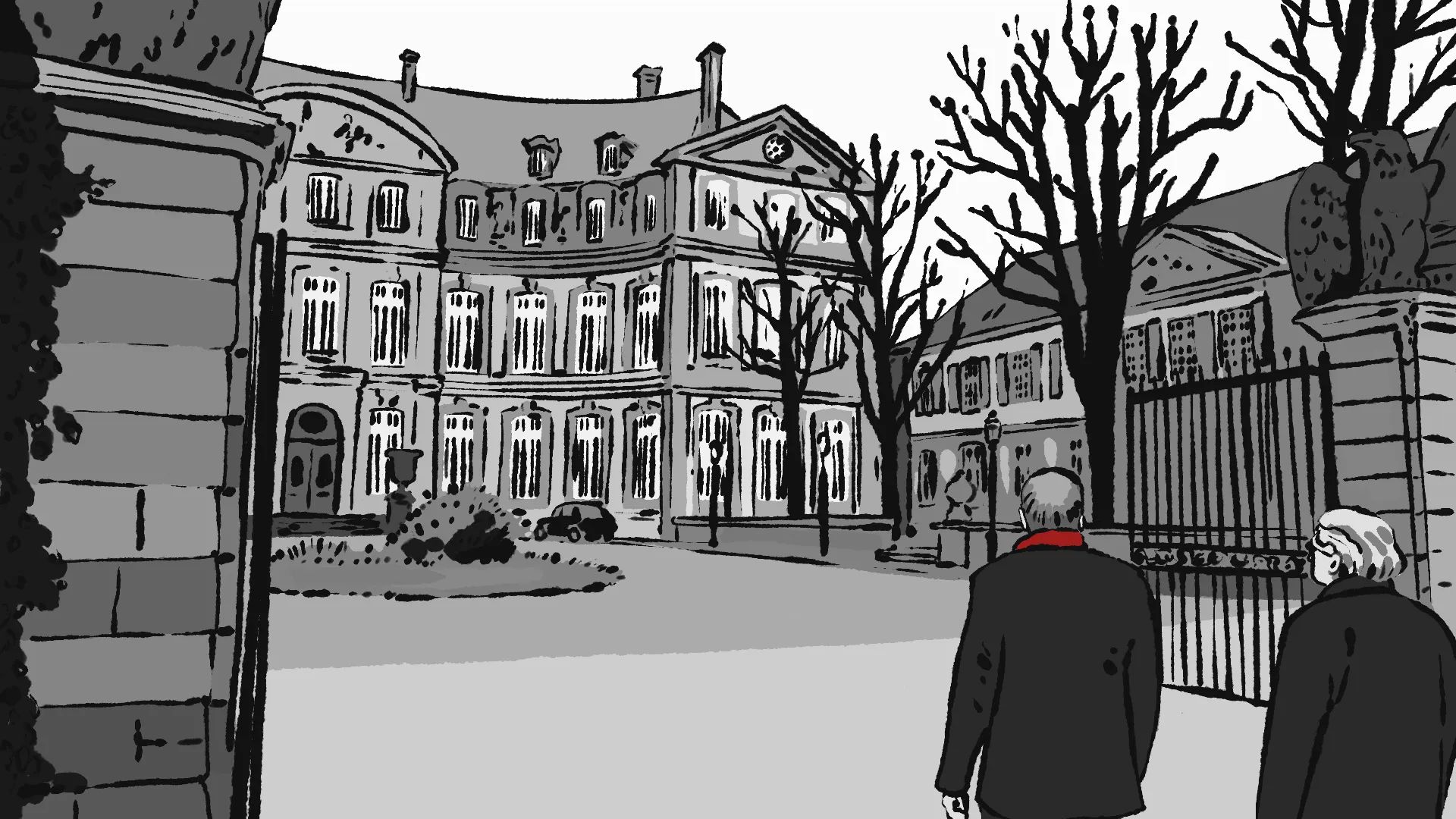 Les deux hommes vus de dos s'approchant du portail du palais du Rhin en hiver, arbres dénudés, illustration en niveaux de gris