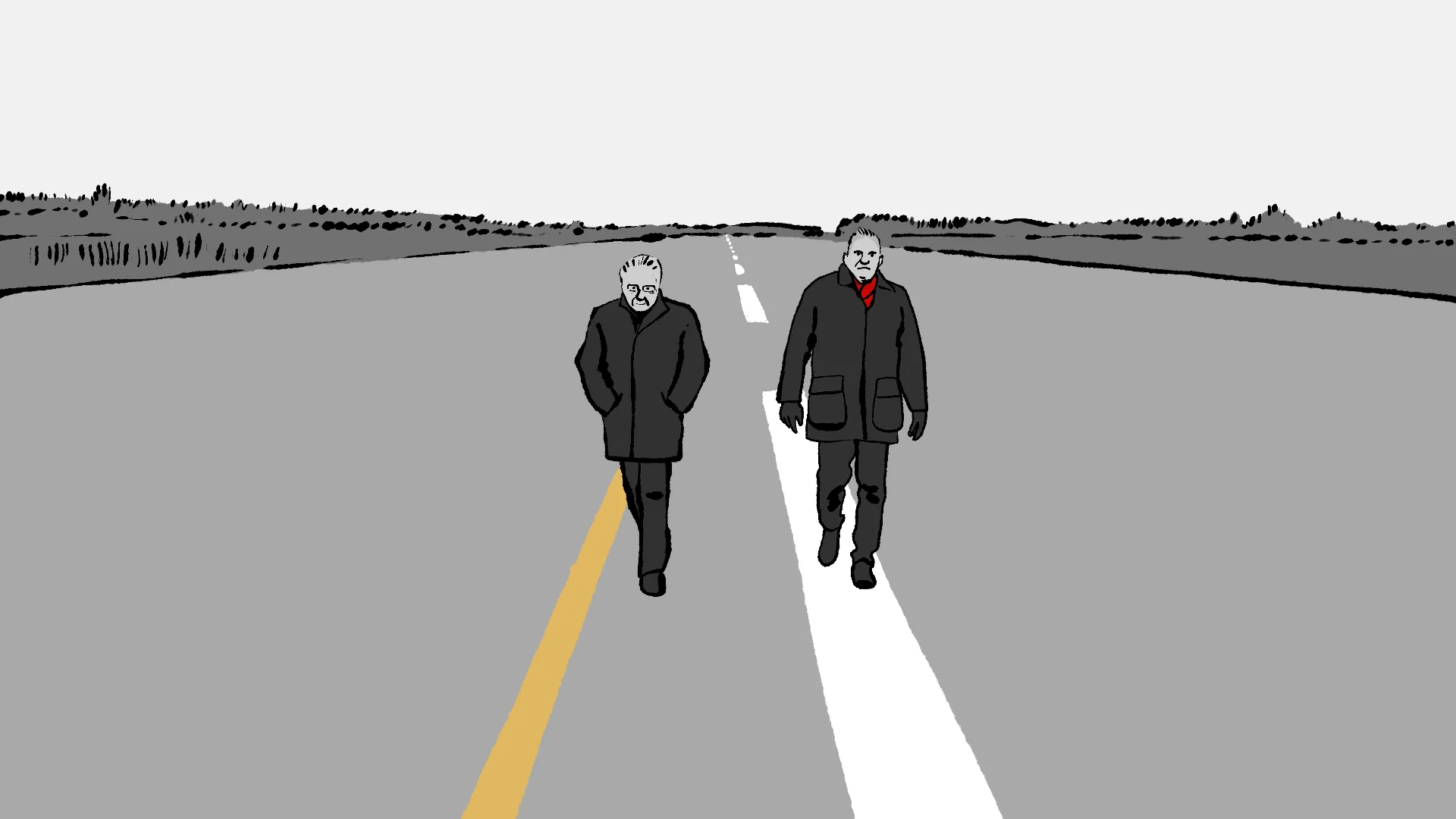 Deux hommes marchant le long d'une route de campagne rectiligne, illustration en niveaux de gris rehaussée de touches rouges, ligne de marquage jaune au sol