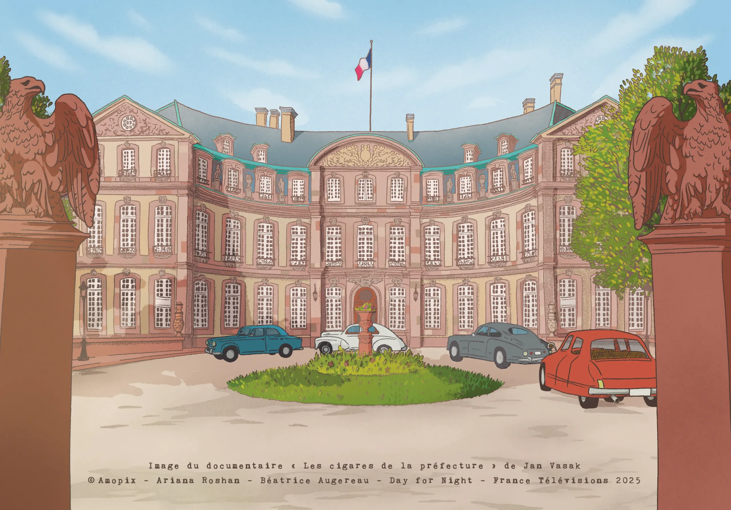 Vue illustrée du palais du Rhin, préfecture de Strasbourg, encadrée de deux aigles sculptées, drapeau français flottant sur le toit, automobiles d'époque garées dans la cour, animation 2D en caméra mapping
